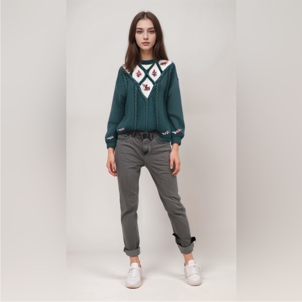 Vintage Lady  Footlocker Sweater Cotton Embroidered Flowers Teal White Pink S M